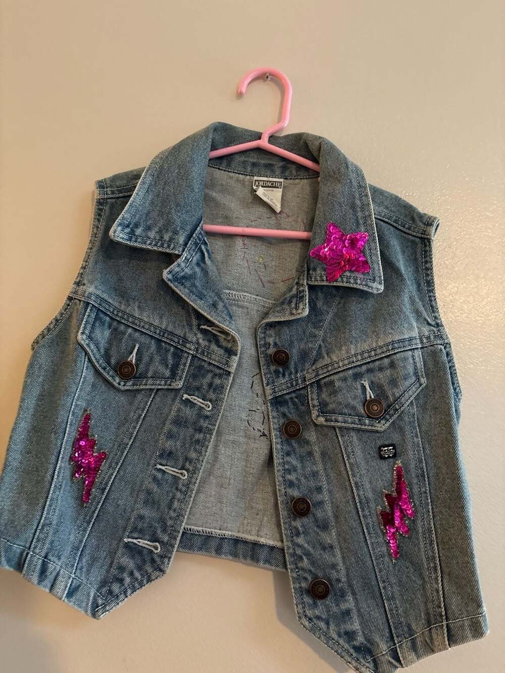 Vintage Jordache Custom Sequin Patch Denim Vest Size S